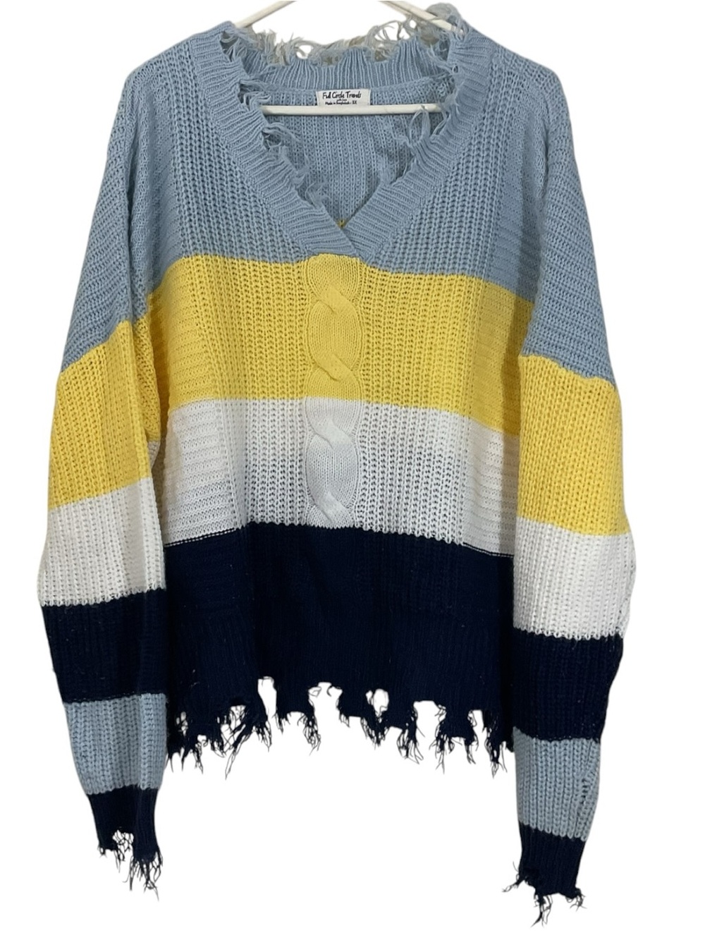 Full Circle Trends Women’s 3X Distressed Colorblock Cable Knit V-Neck Sweater